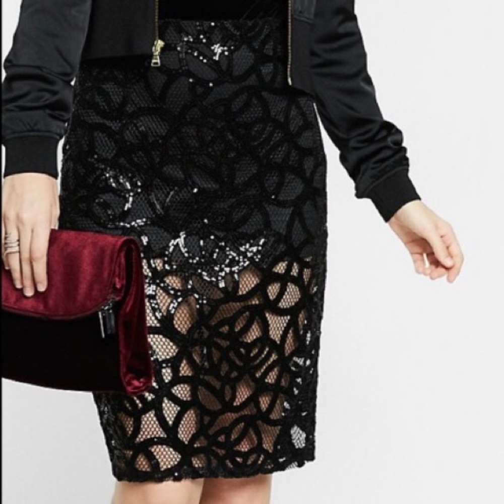 NWT Express black lace & sequin pencil skirt, 2